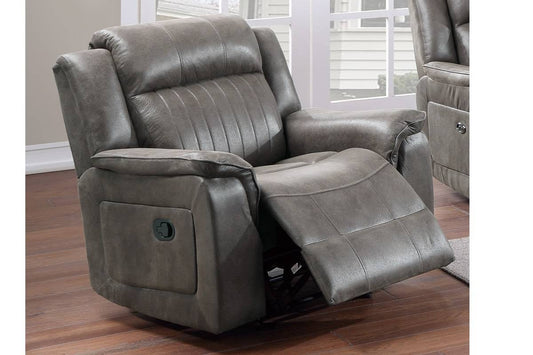 Grey leather recliner chair with plush cushioning and lumbar support