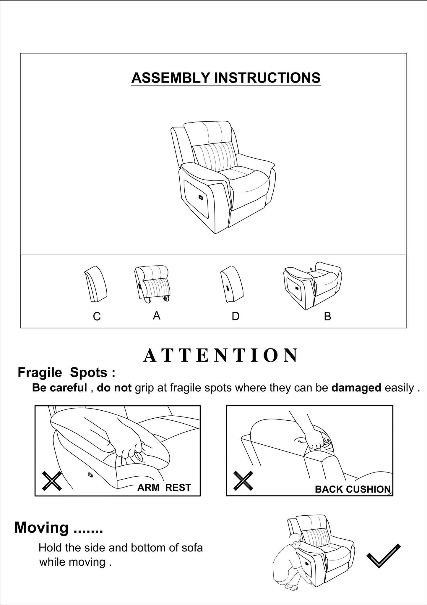 Diagram showing assembly instructions for a recliner chair with parts labeled A B C and D