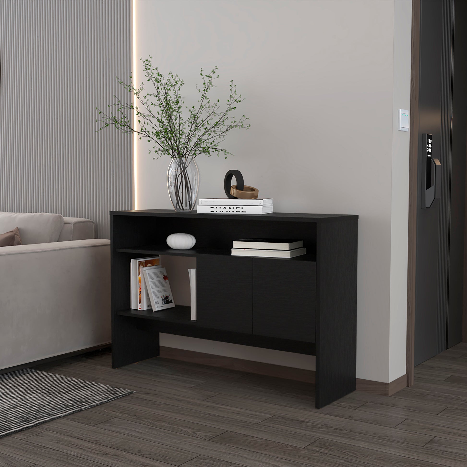 Modern black console table with two doors and open shelving for entryway storage