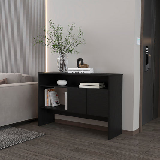 Modern black console table with two doors and open shelving for entryway storage
