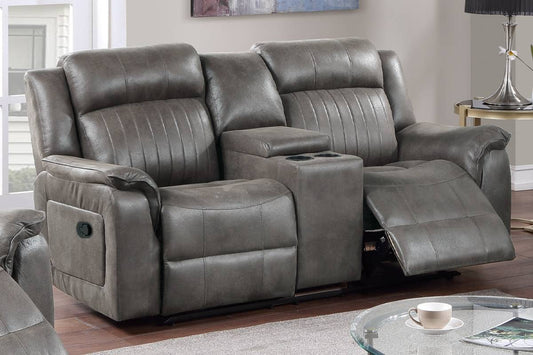 Gray faux leather loveseat recliner with cup holders and padded arms