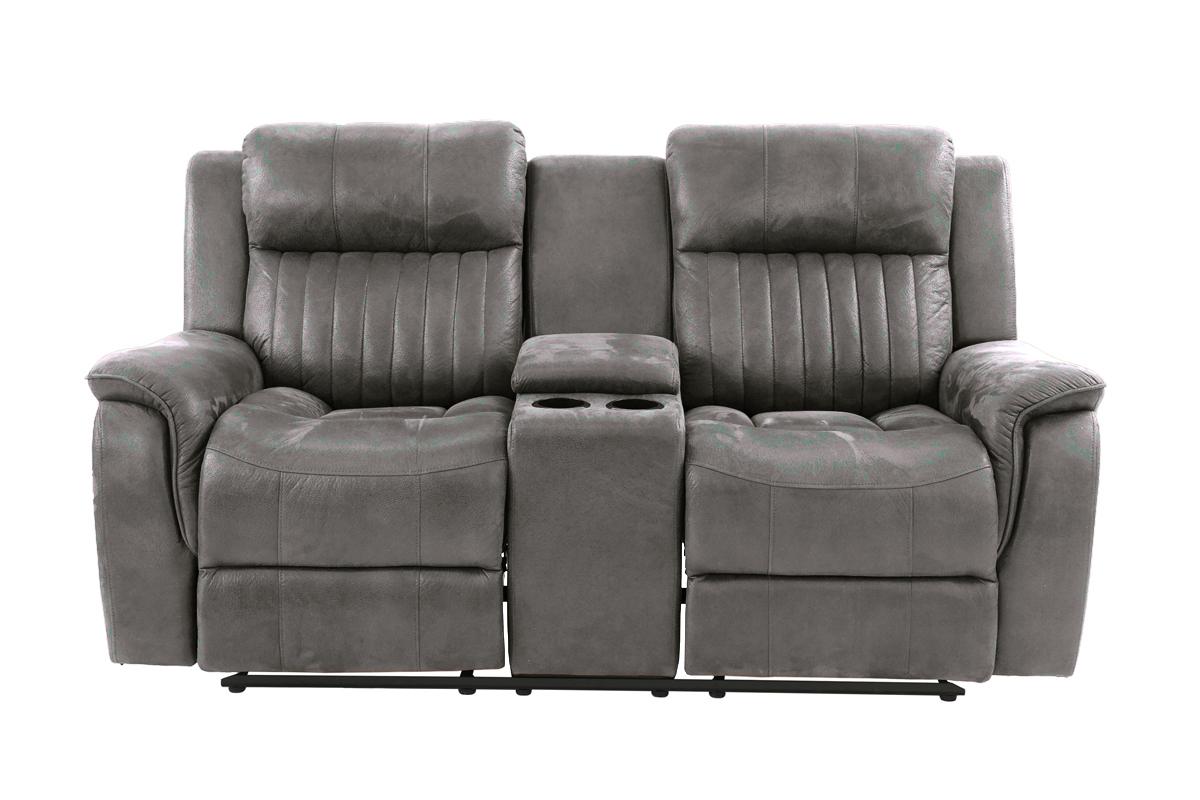 Grey leather recliner loveseat with builtin cup holders and console for living room comfort