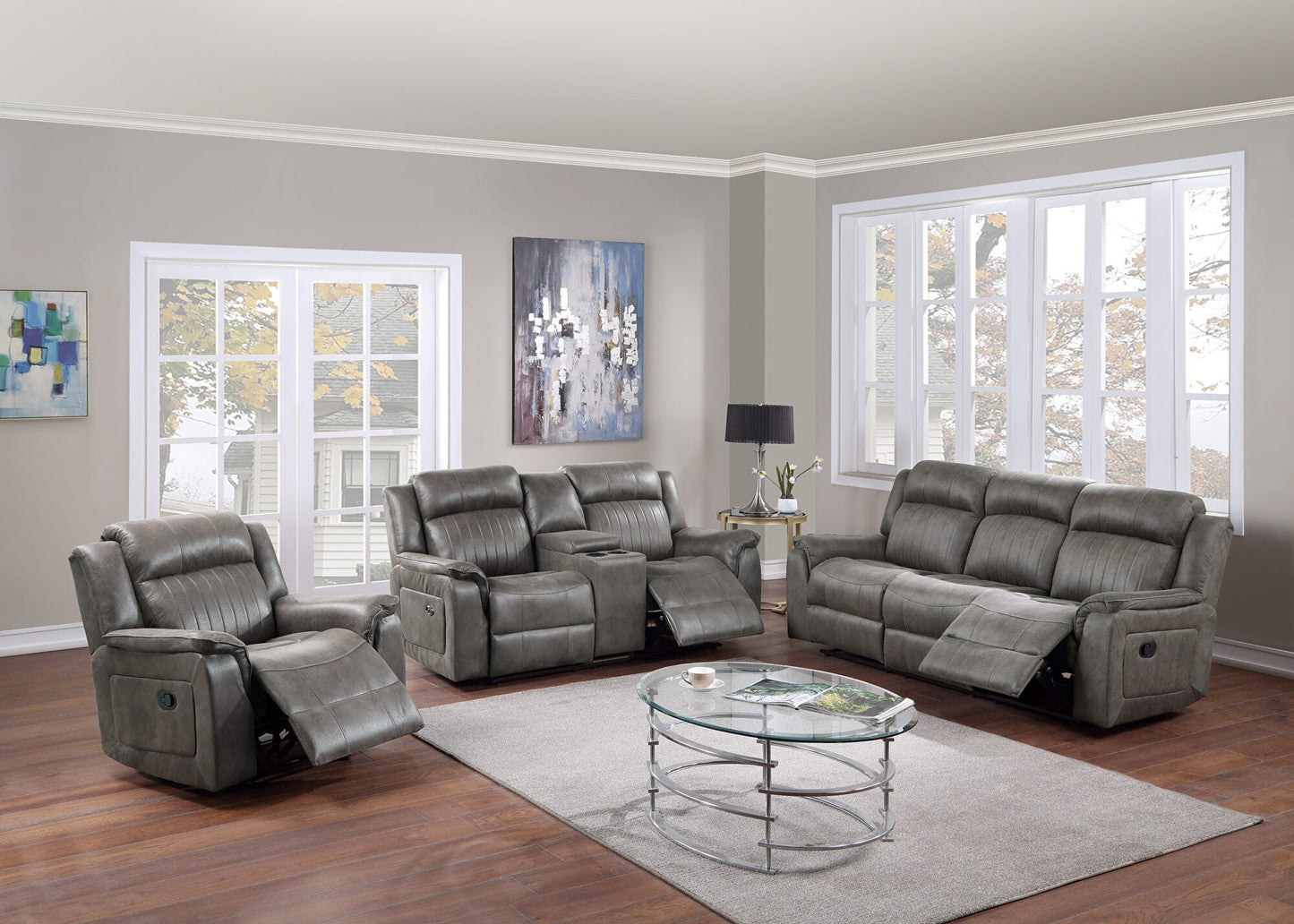 Gray leather recliner sofa set for living room comfort