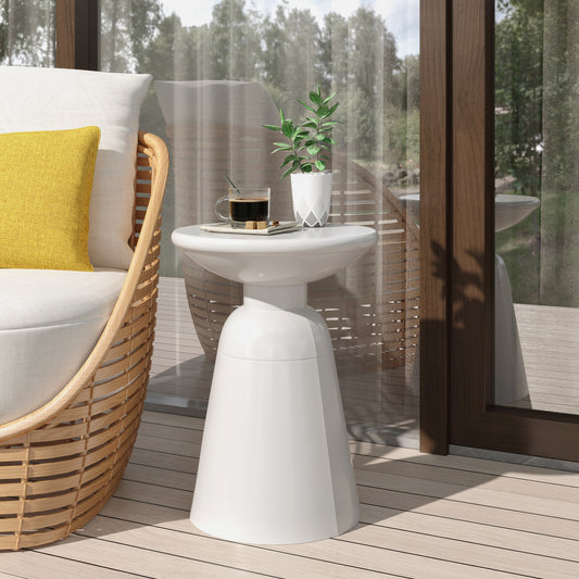 White modern side table with a unique flared base perfect for outdoor patios