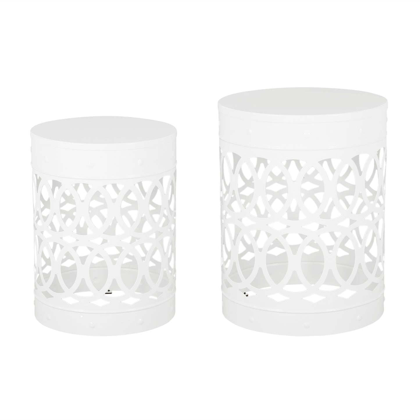 Two white metal garden stools with decorative lattice sides