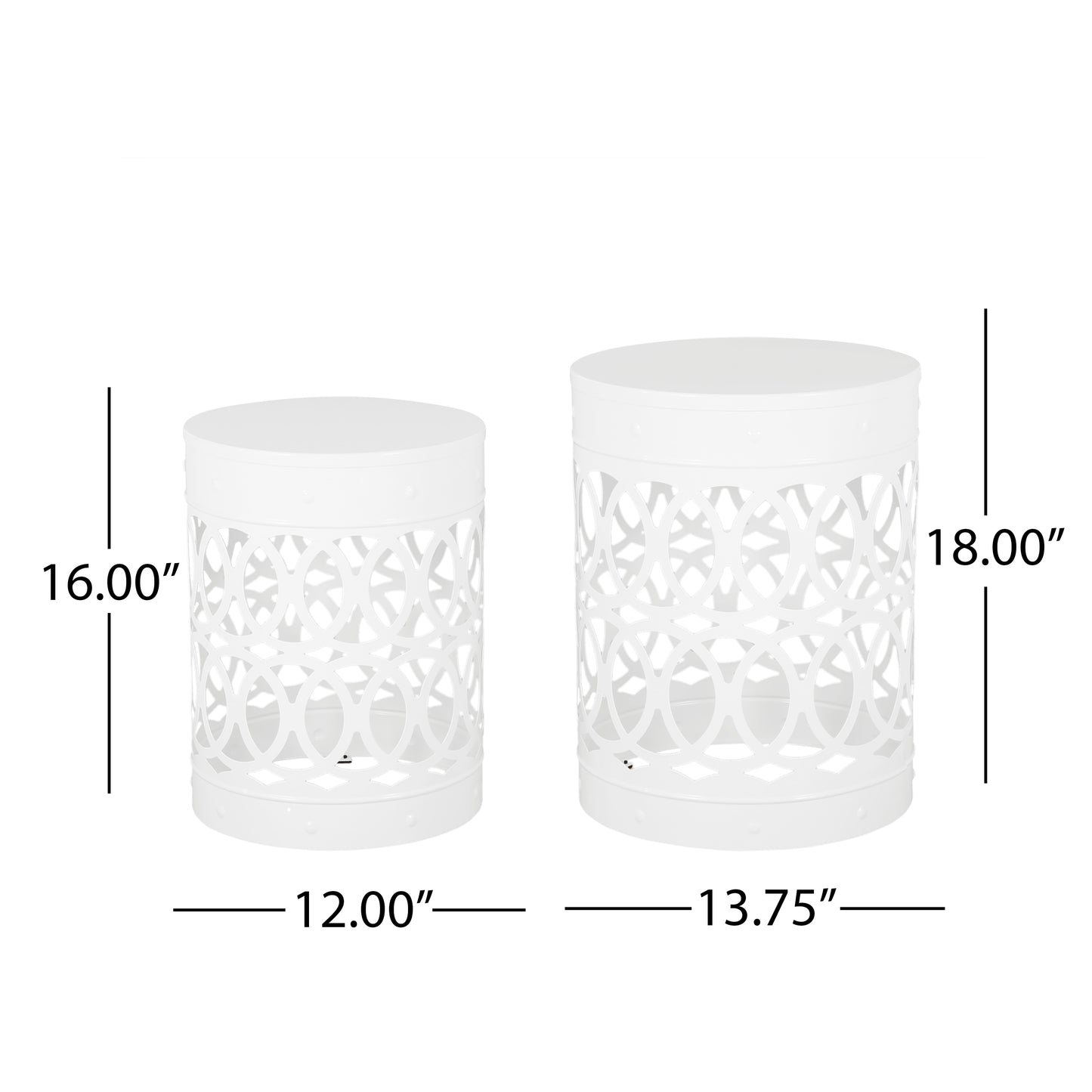 Two white metal side tables with intricate cutouts one  H one  H