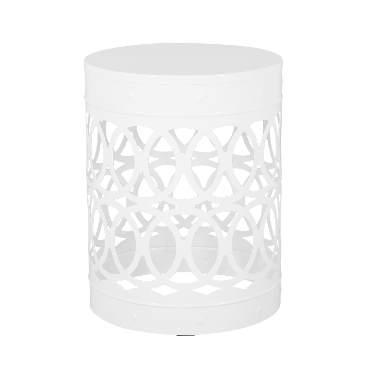 White metal drum accent table with cutout geometric pattern