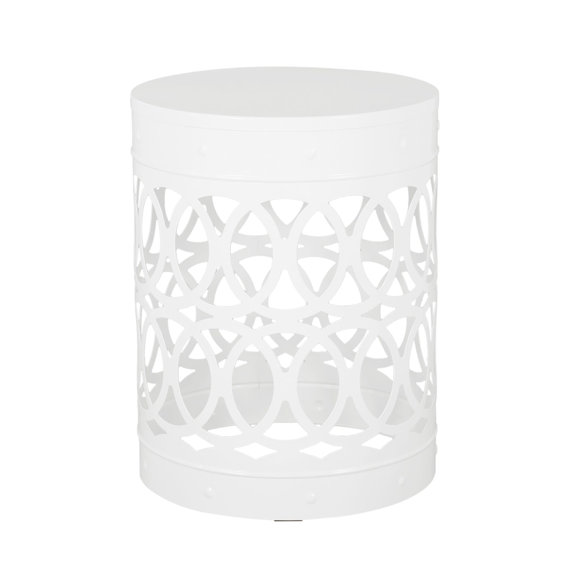 White metal drum accent table with cutout geometric pattern