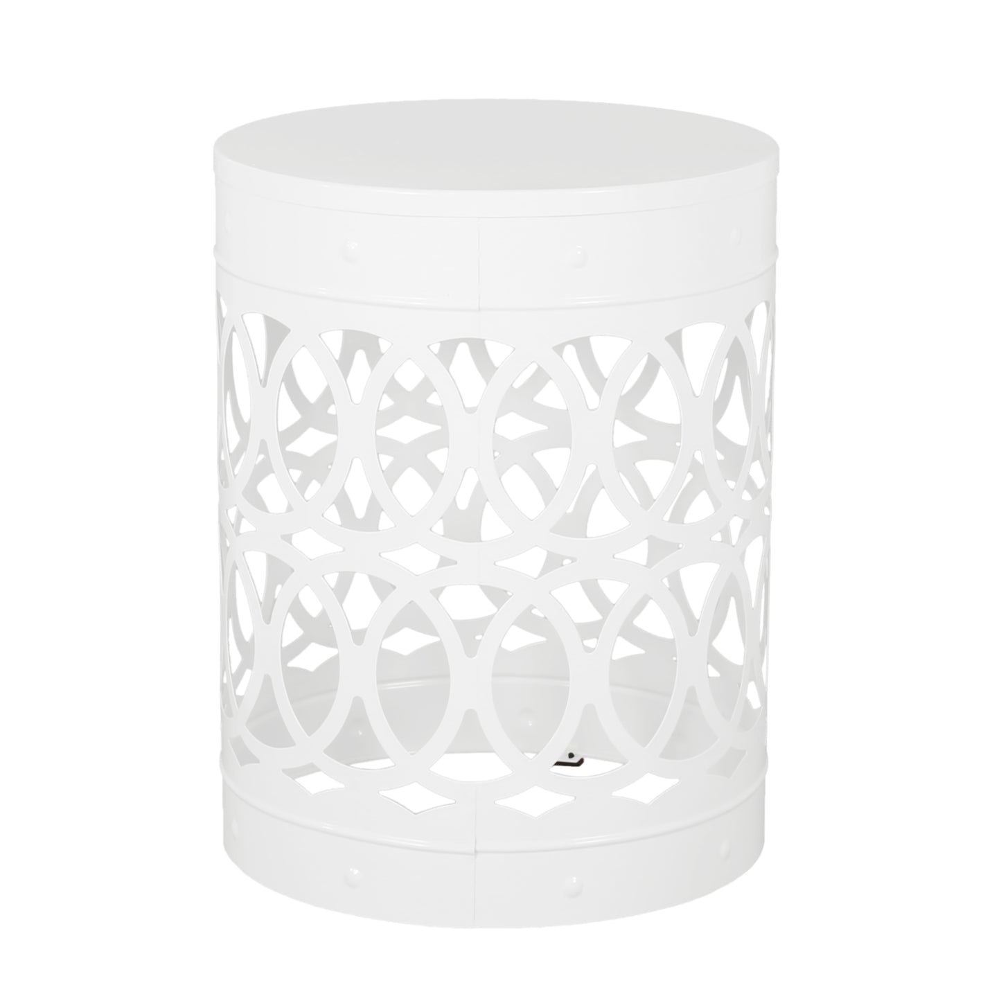 White metal round accent table with open geometric cutout design