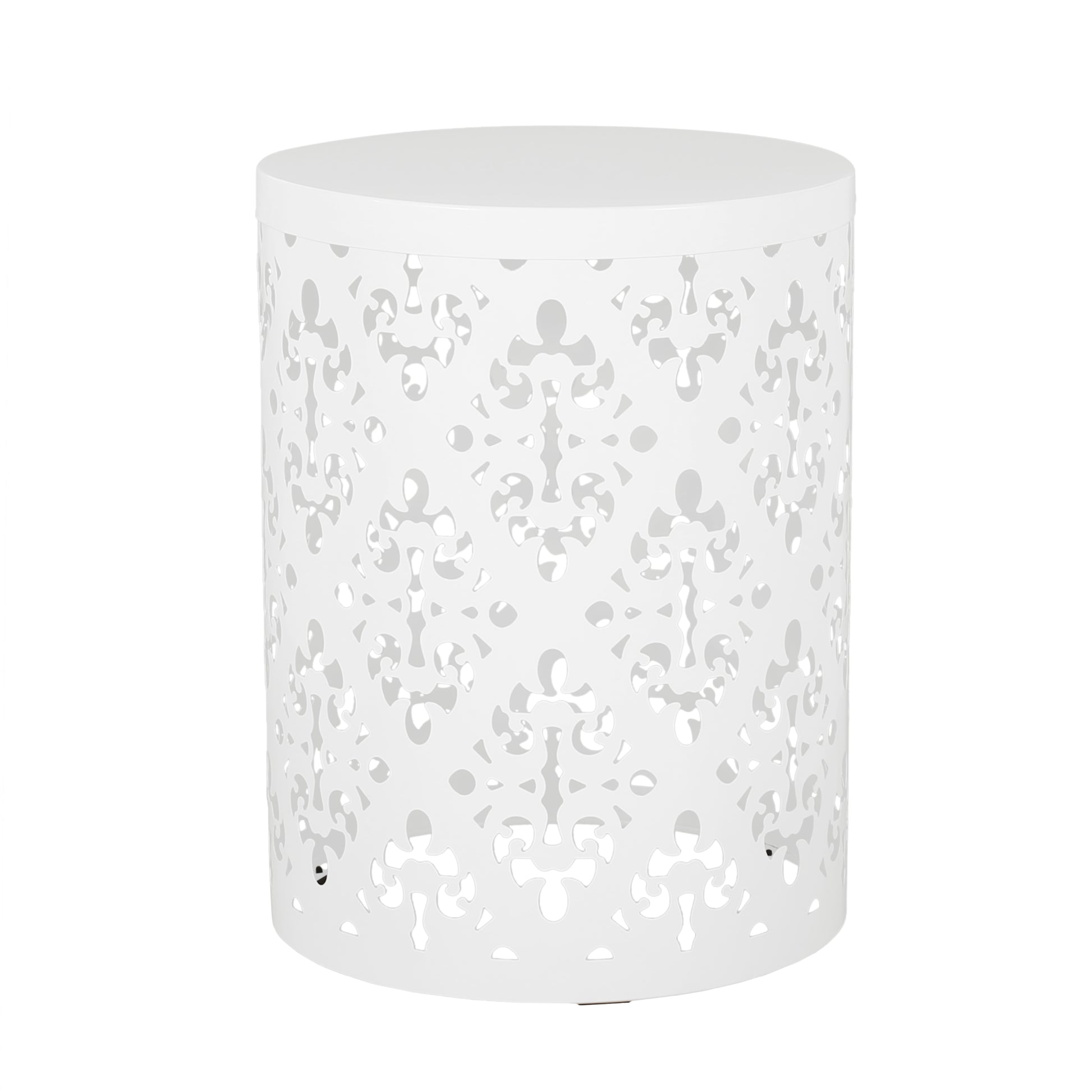 White metal side table with intricate lasercut scroll pattern