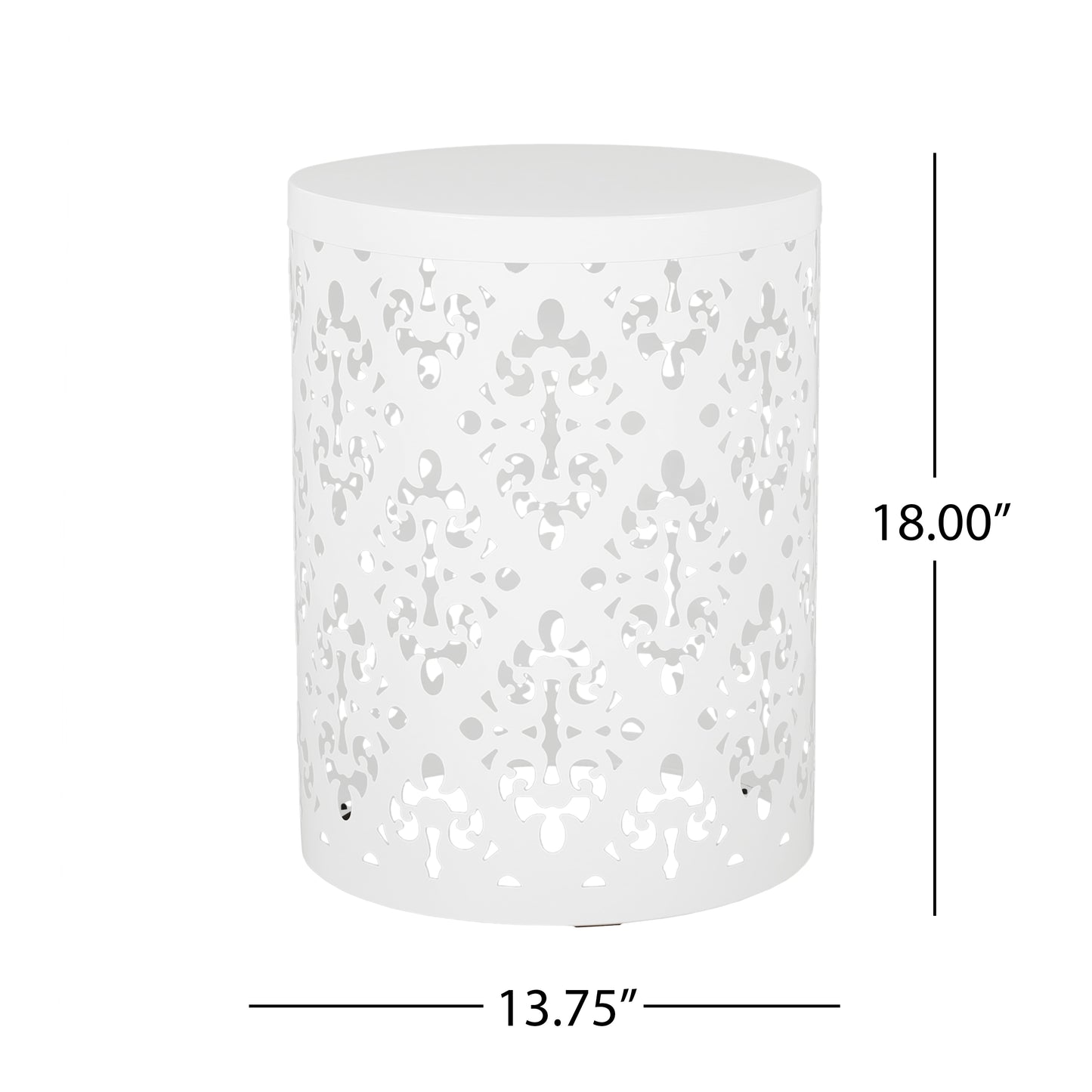 White metal drum side table with intricate cutouts