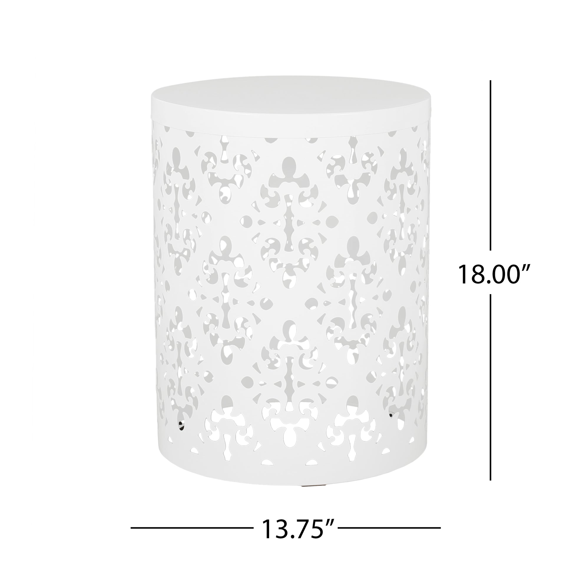 White metal drum side table with intricate cutouts