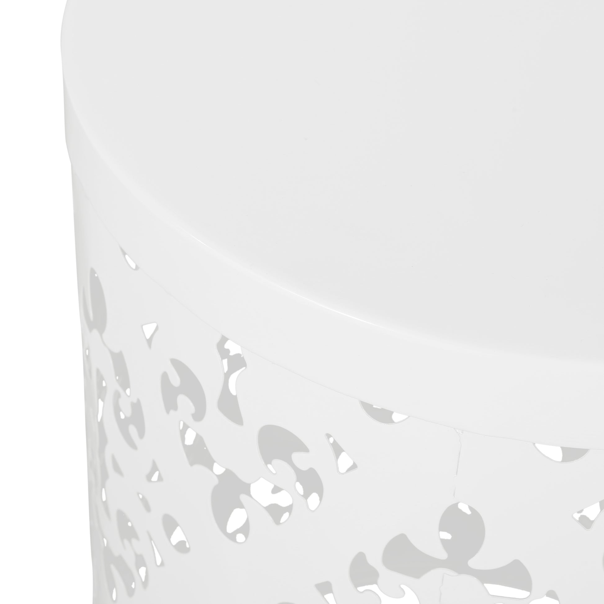 White outdoor side table with abstract lasercut pattern perfect for patio use