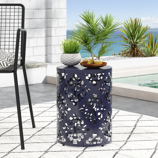 Navy blue metal outdoor side table with lasercut floral pattern perfect for patio decor