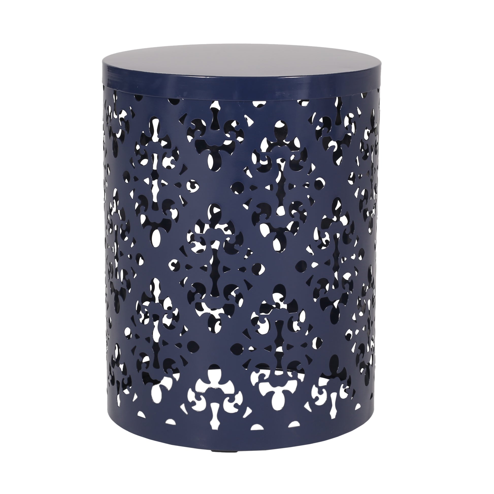 Navy blue metal side table with intricate lasercut floral pattern