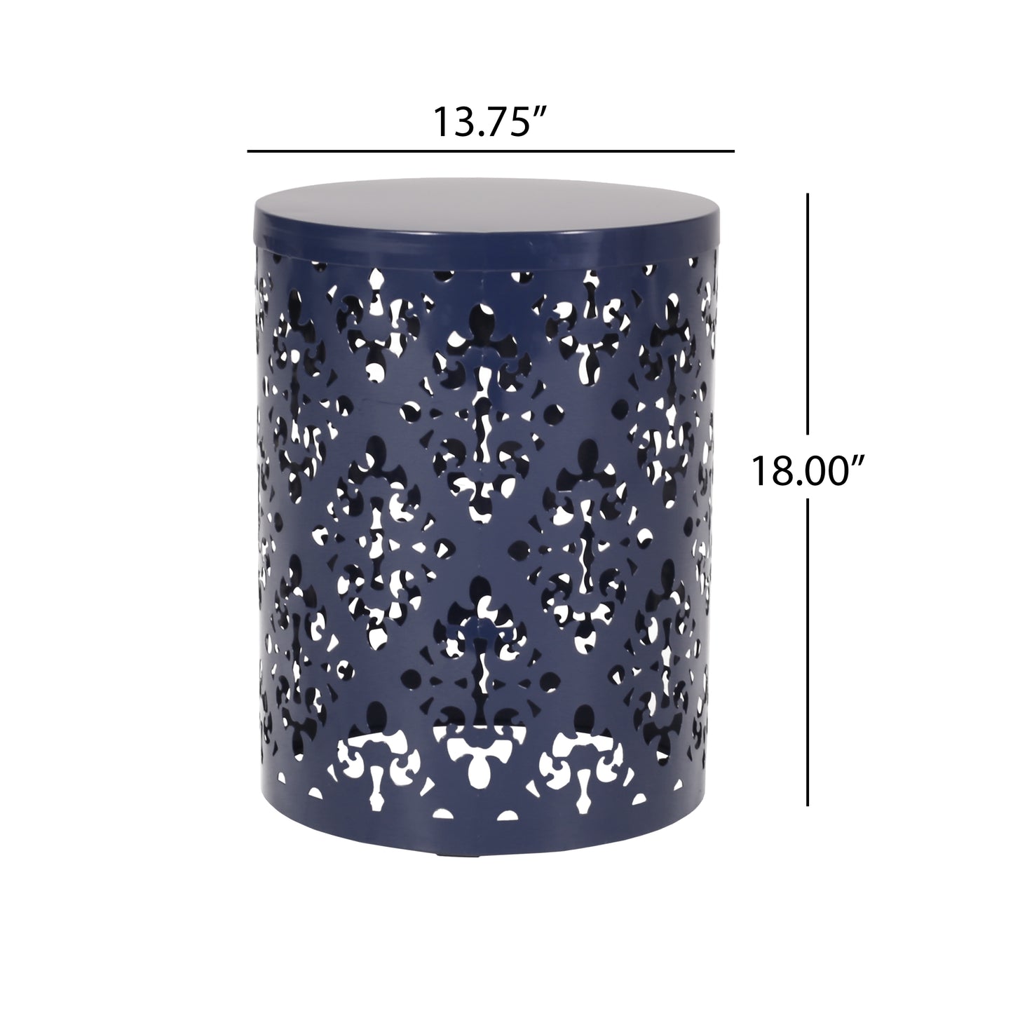 Navy blue metal side table with ornate lasercut pattern and  diameter