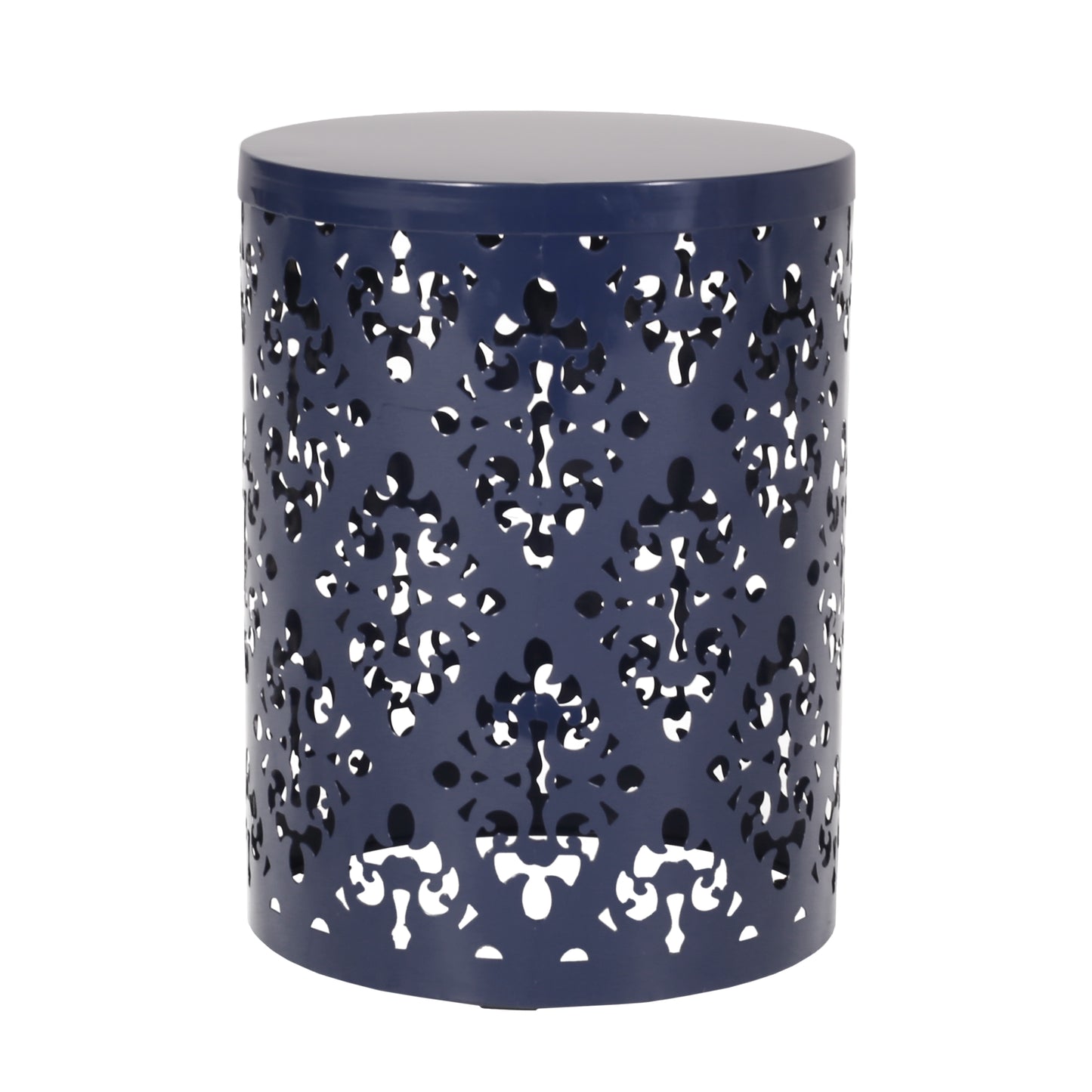 Dark blue metal end table with intricate cutout patterns and a round top