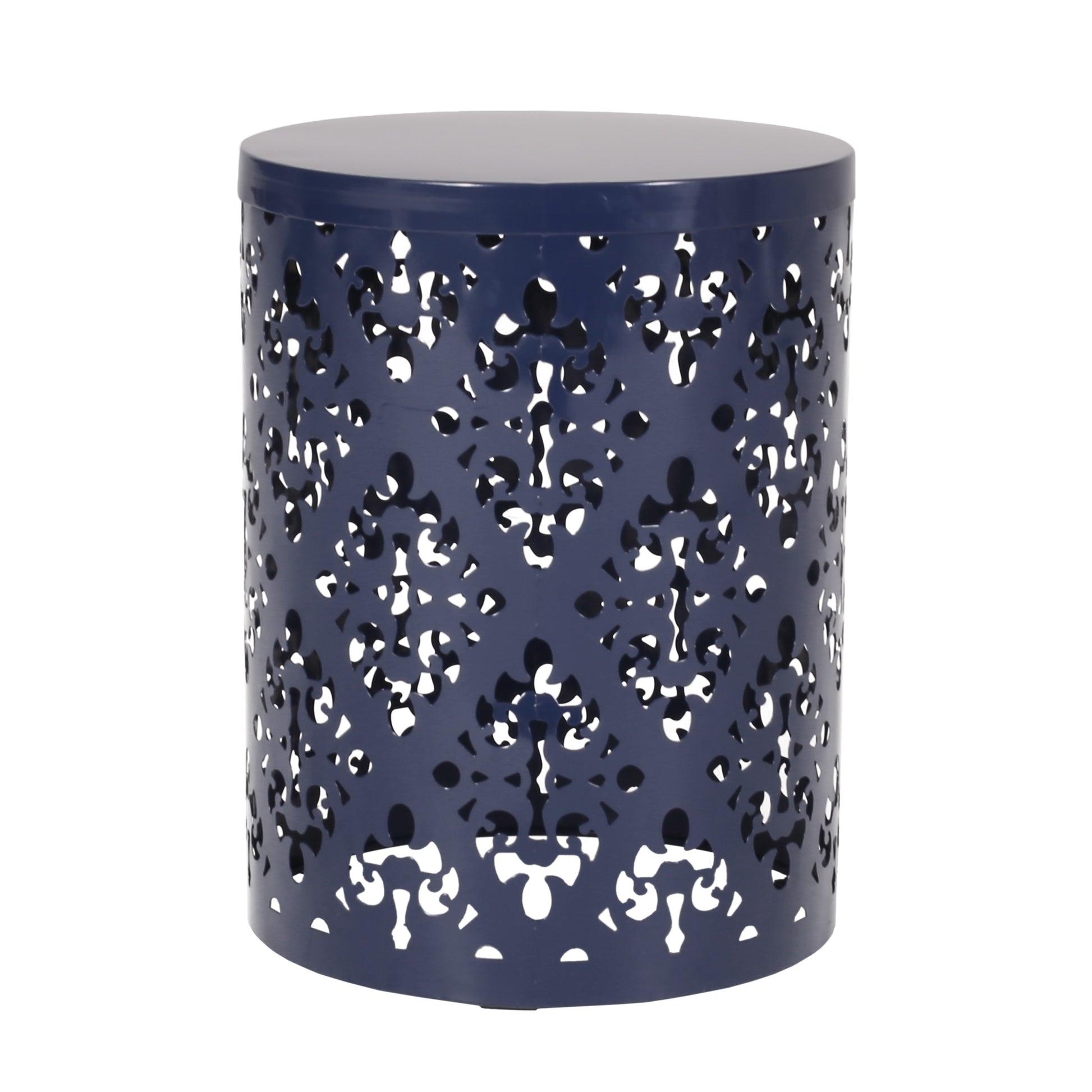 Dark blue metal end table with intricate cutout patterns and a round top