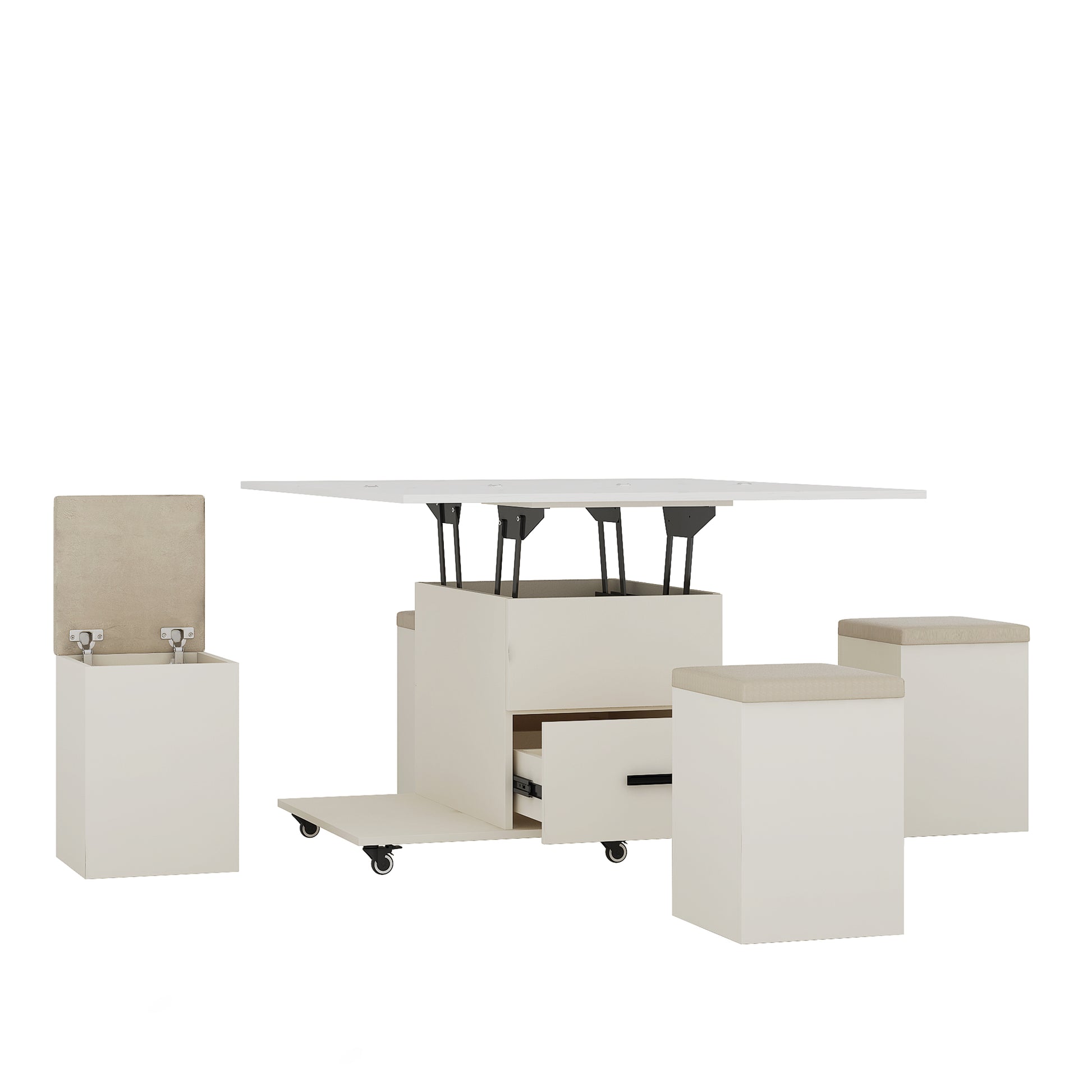 Modern lifttop coffee table with storage drawers and pullout stools in cream