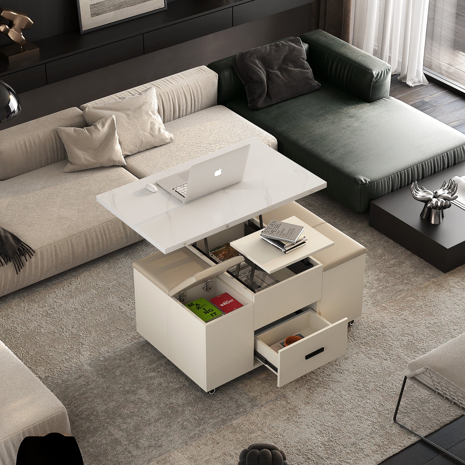 White lifttop coffee table with storage and beige ottomans perfect for living rooms