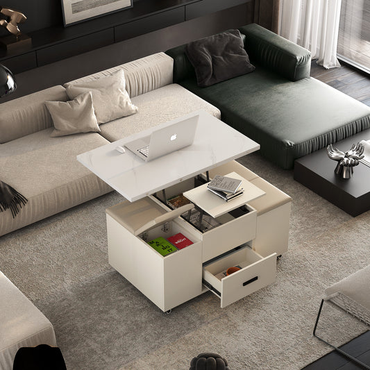 White lifttop coffee table with storage and beige ottomans perfect for living rooms