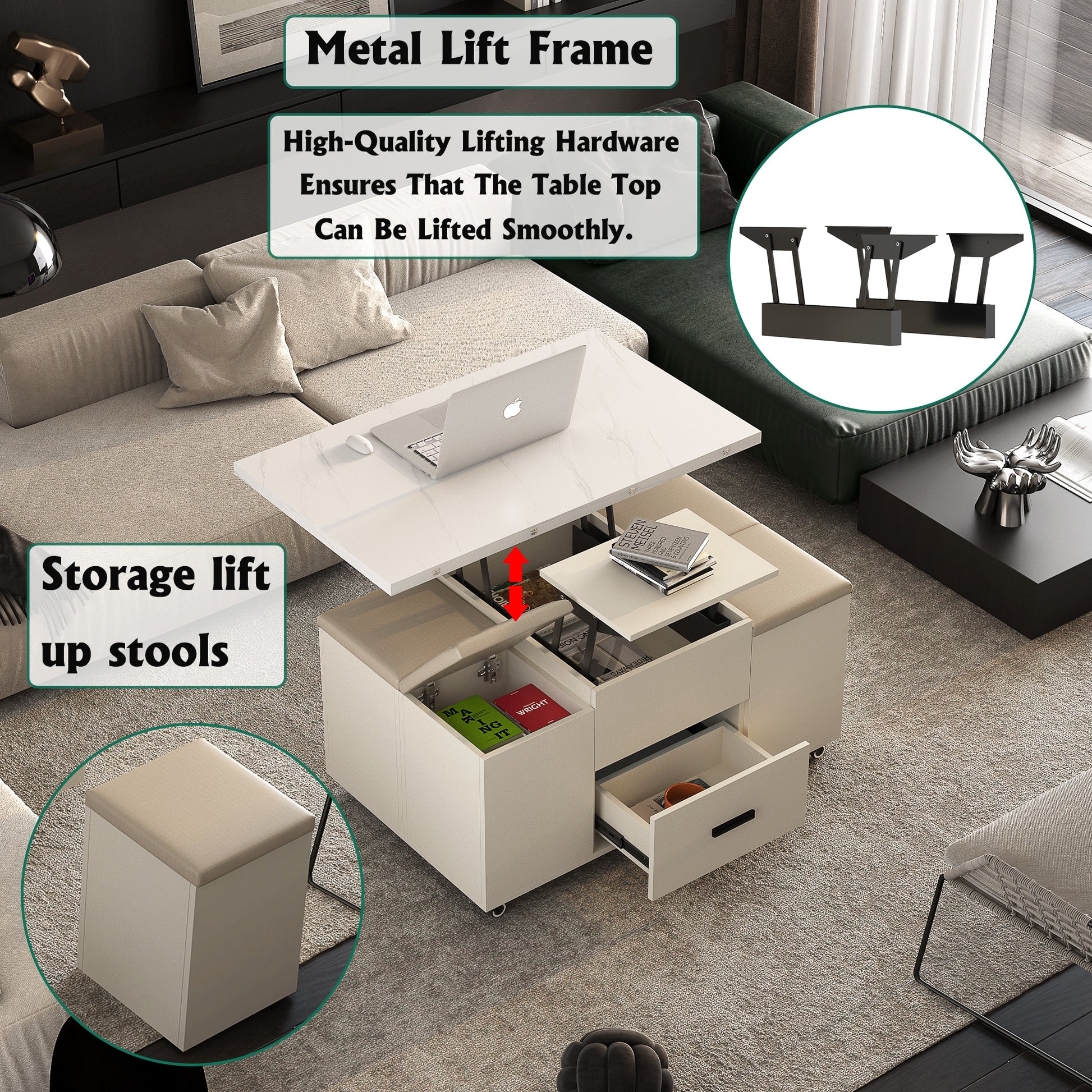 Modern lift top coffee table with integrated storage drawers and lifting stools white marble finish