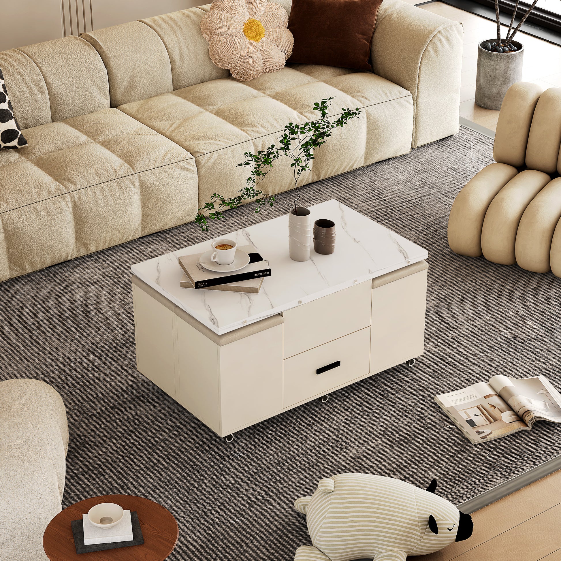 Modern beige modular sofa with tufted cushions and a decorative flower pillow