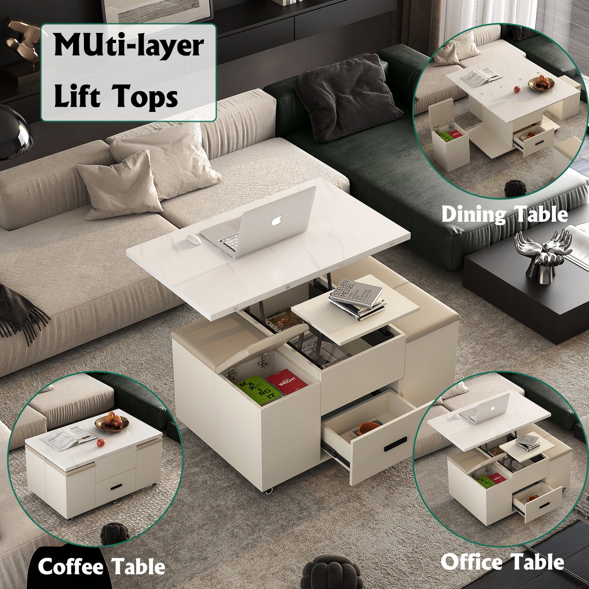 White lifttop coffee table with storage perfect for modern living rooms