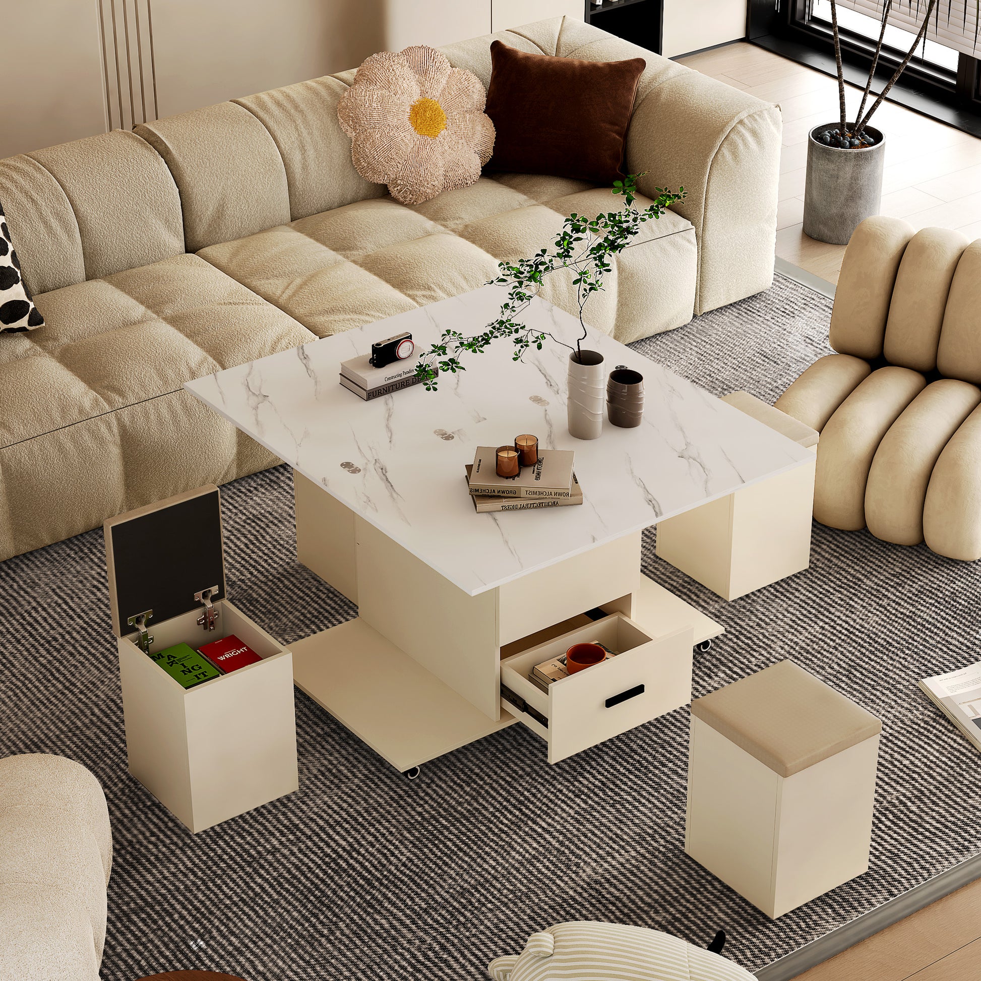 Modern lifttop coffee table with marble finish and hidden storage compartments