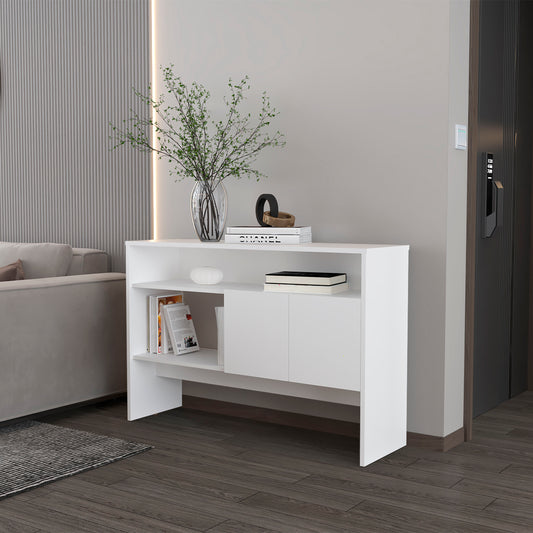 Sleek white modern console table with open shelves and two cabinets