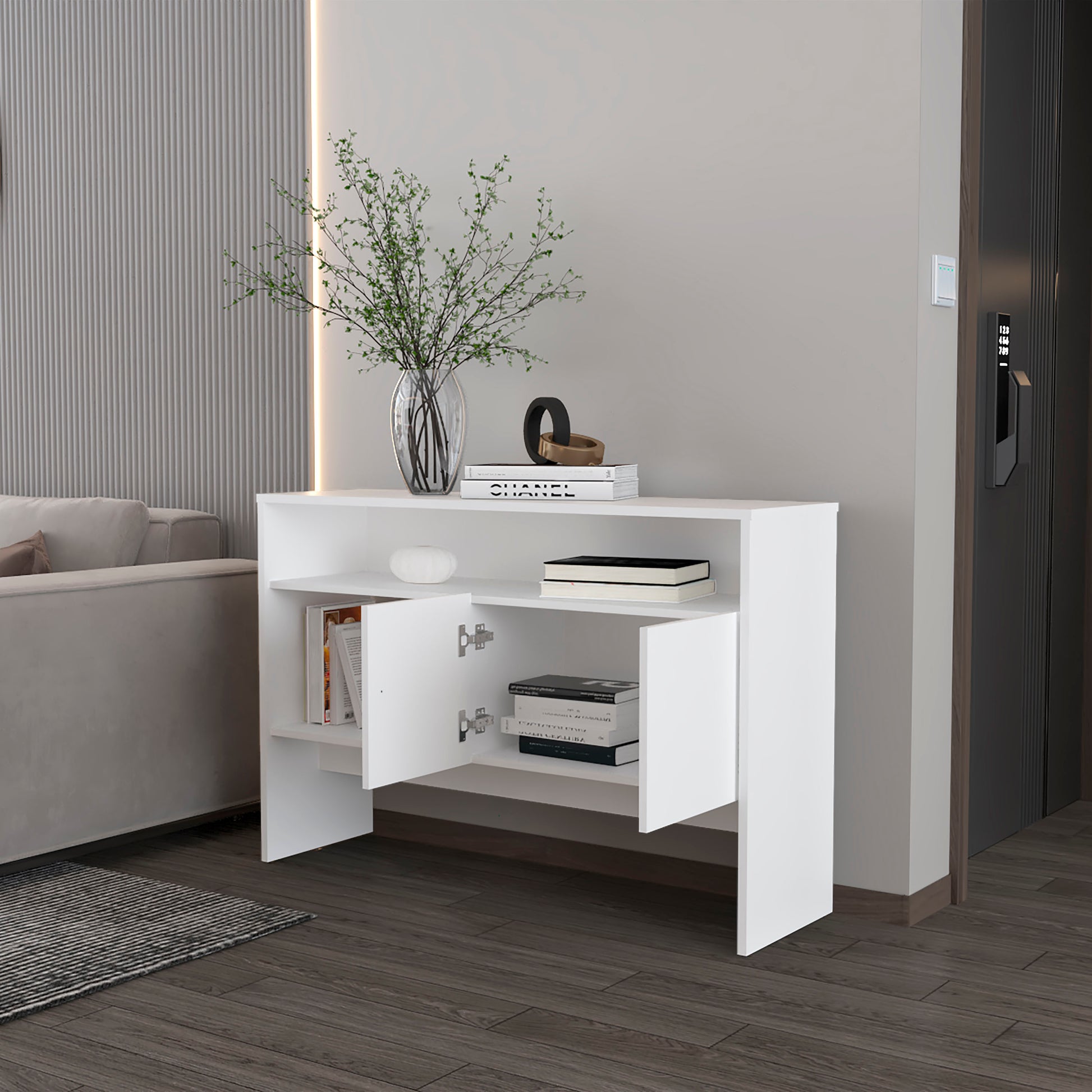 Modern white accent console table with open shelves and cabinet doors for entryway storage