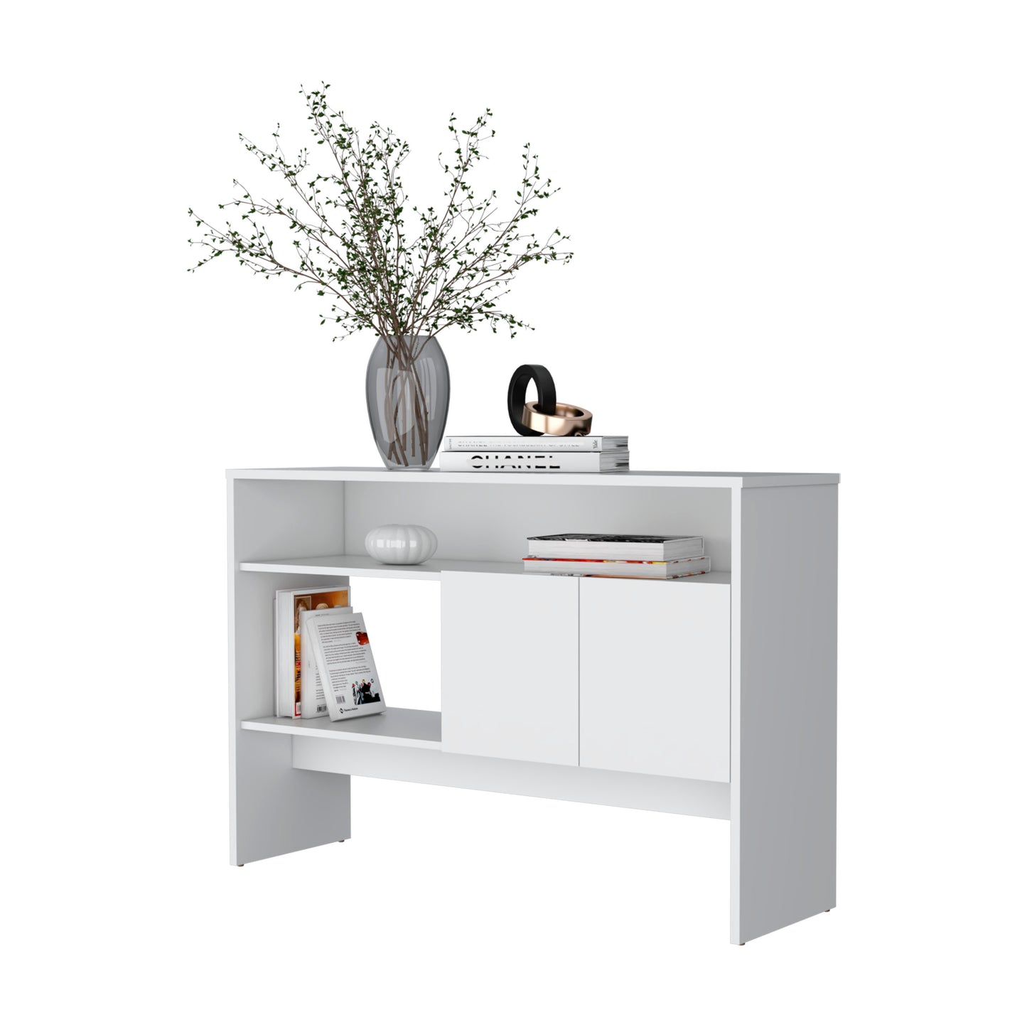 Modern white console table with open shelves and cabinet storage featuring decorative elements