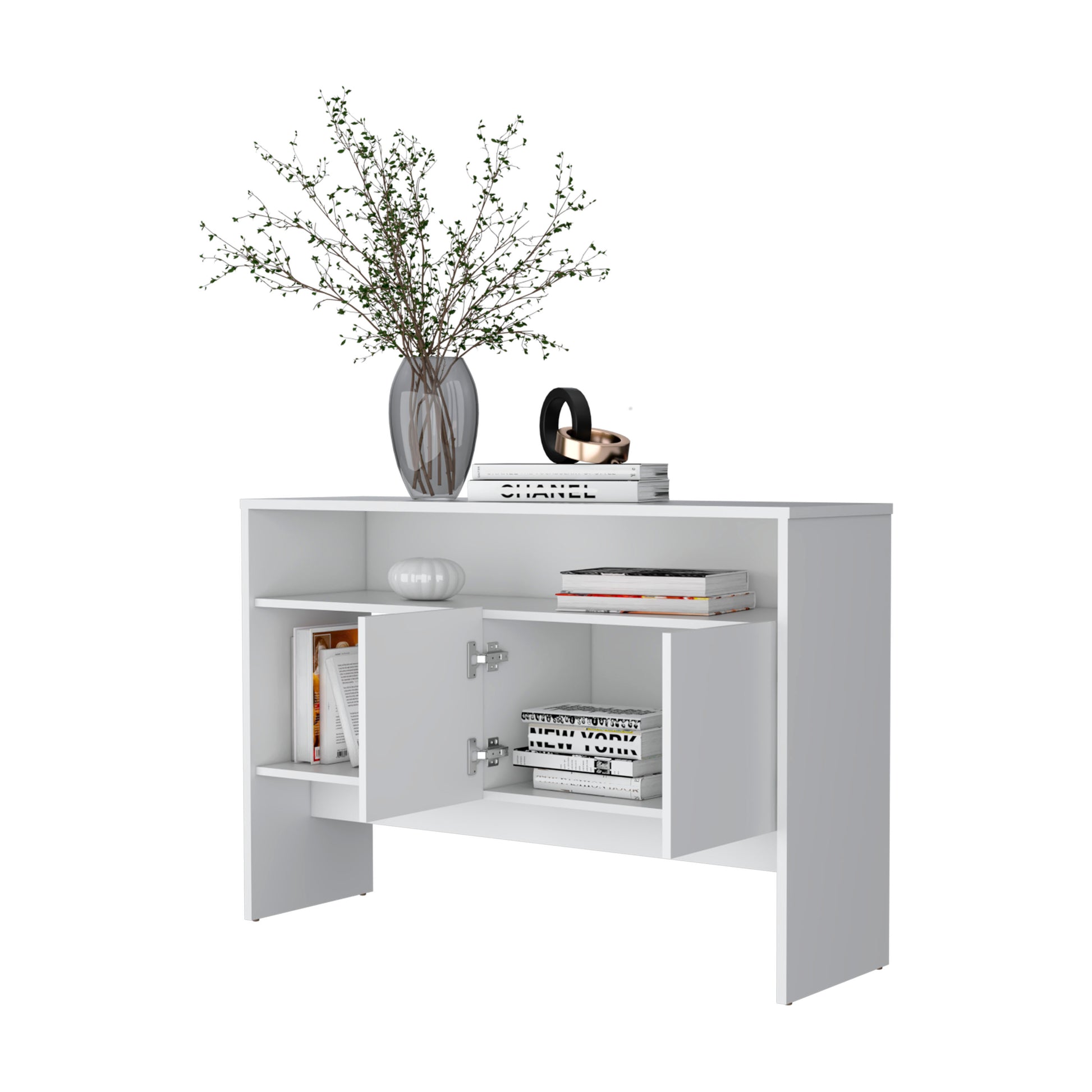 White modern console table with open shelving and closed cabinet perfect for entryway storage