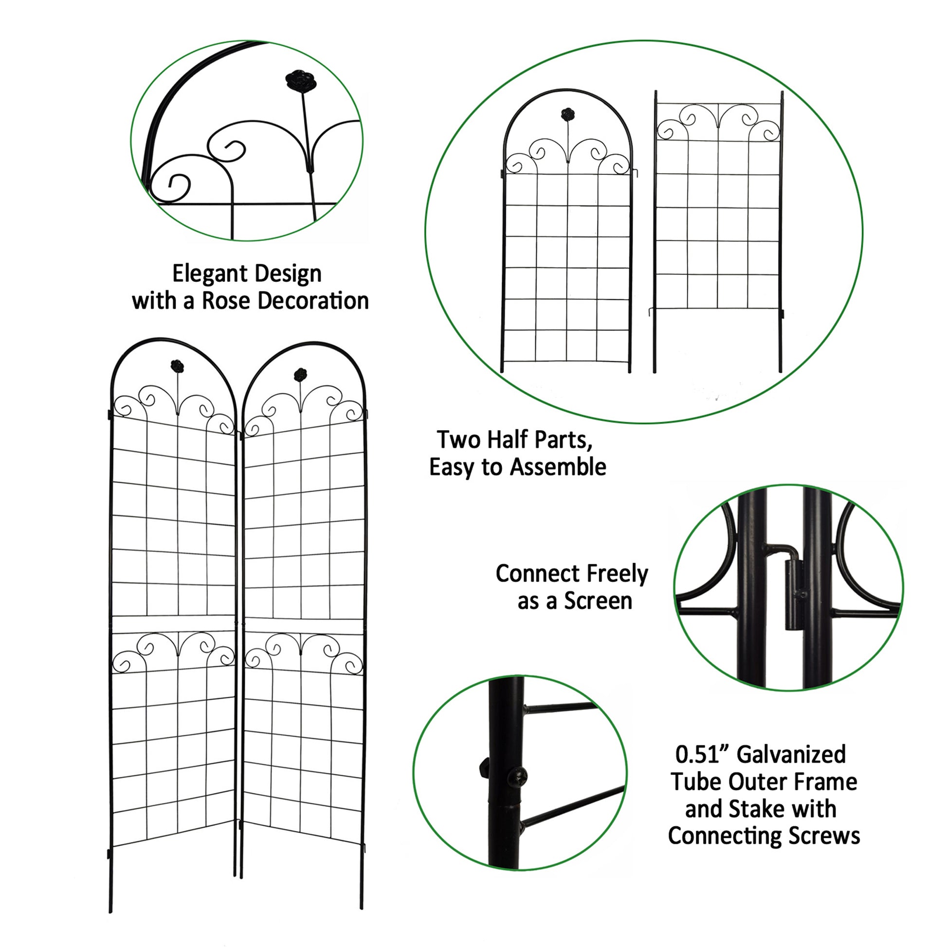 Black metal garden trellis with rose decoration  inches tall for climbing plants