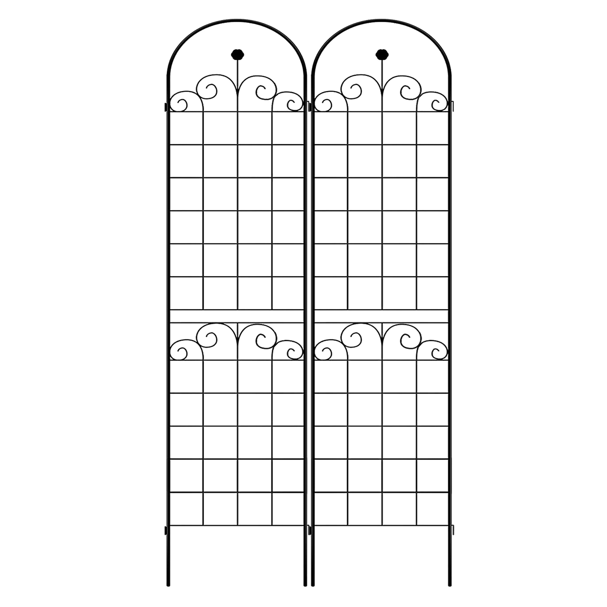 Black metal arched garden trellis with scrollwork for climbing plants