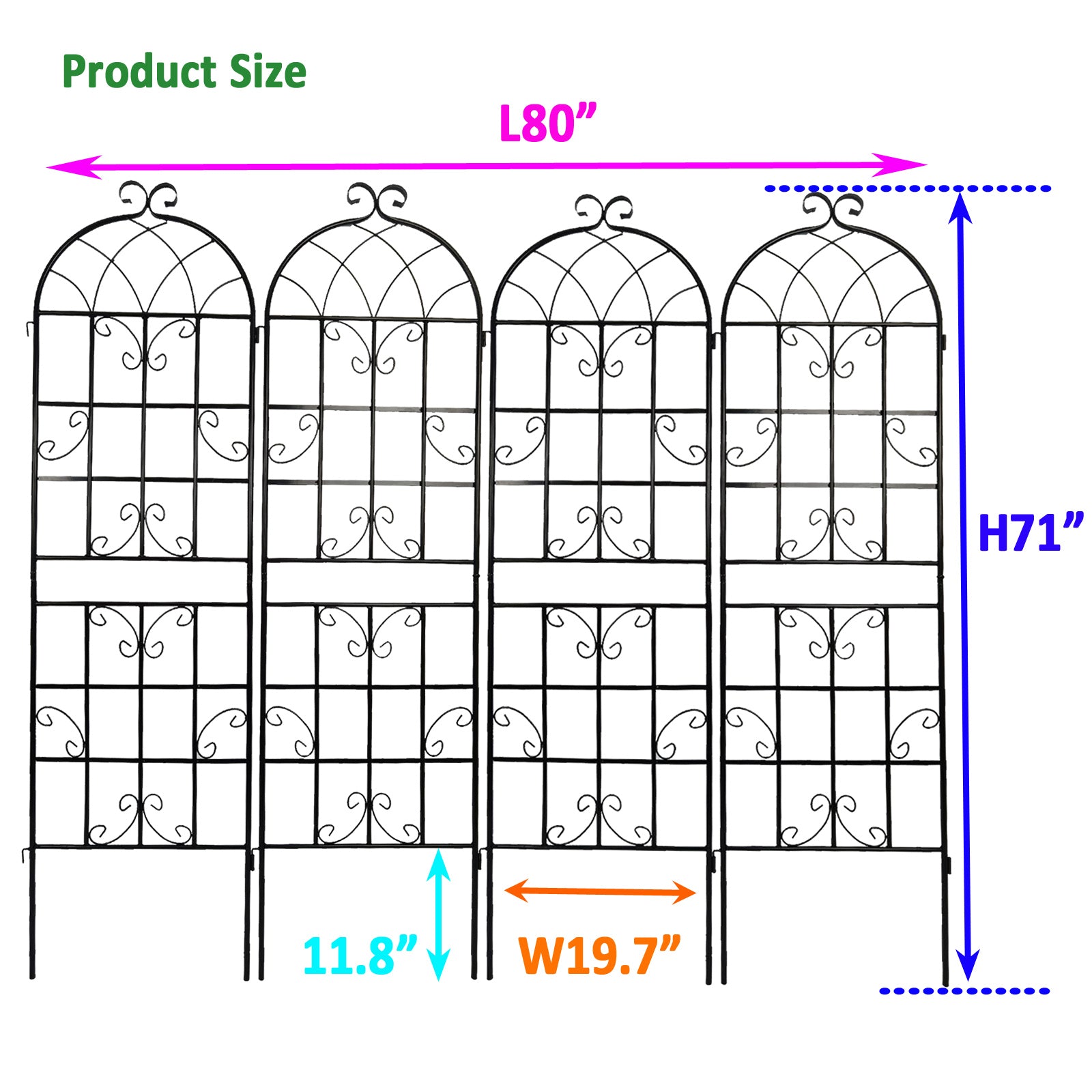Black metal garden trellis with ornate scrolling design  L x  H
