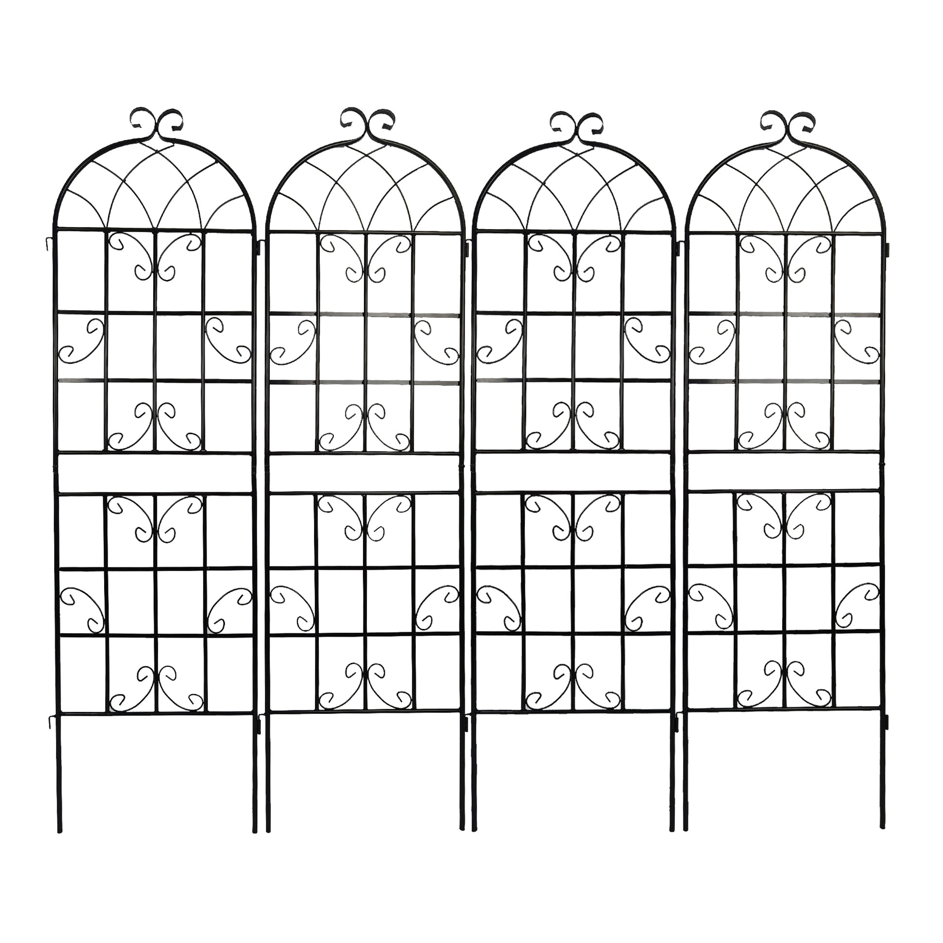 Black metal garden trellis with arched tops and decorative scrollwork