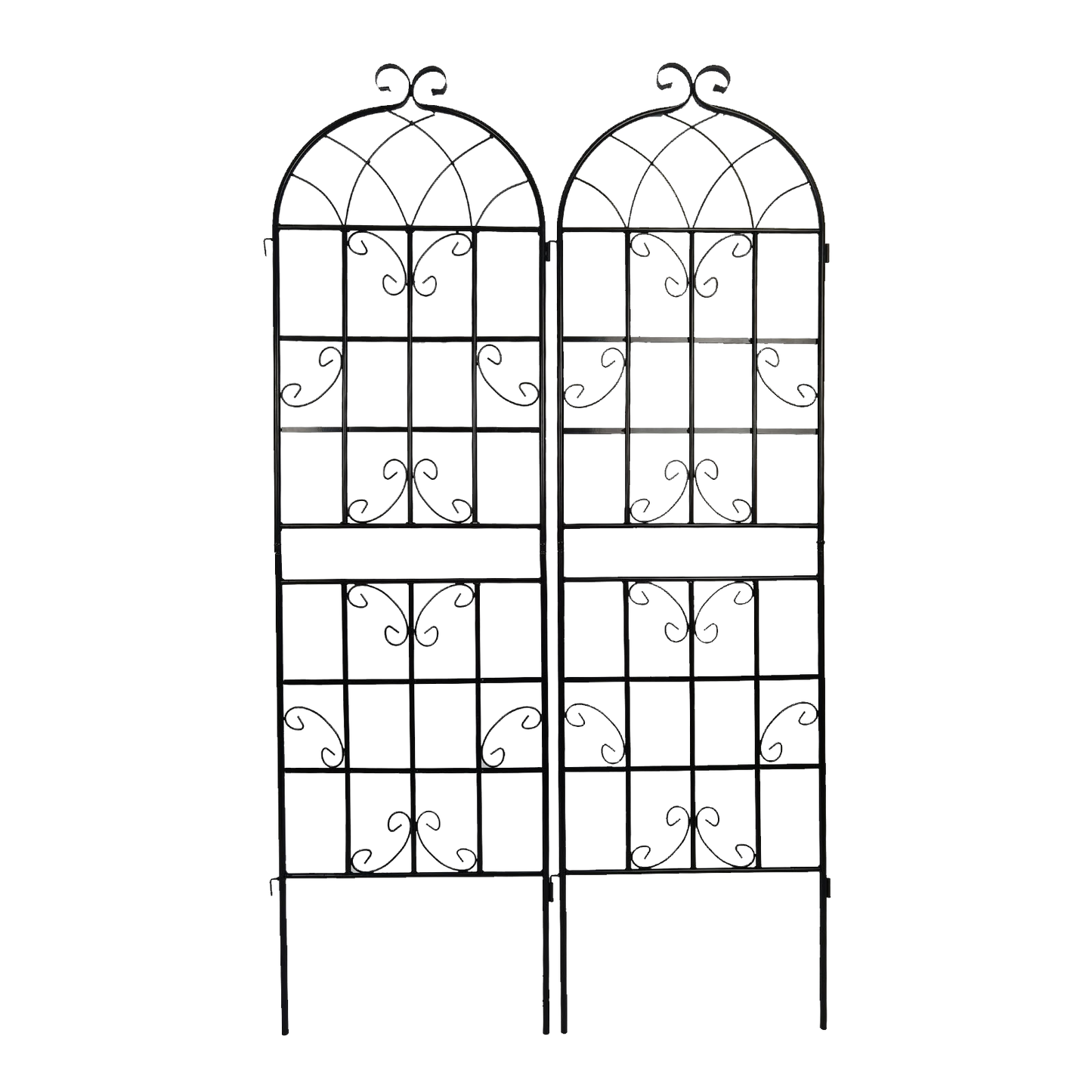 Black metal garden trellis with arched tops and scroll details for climbing plants