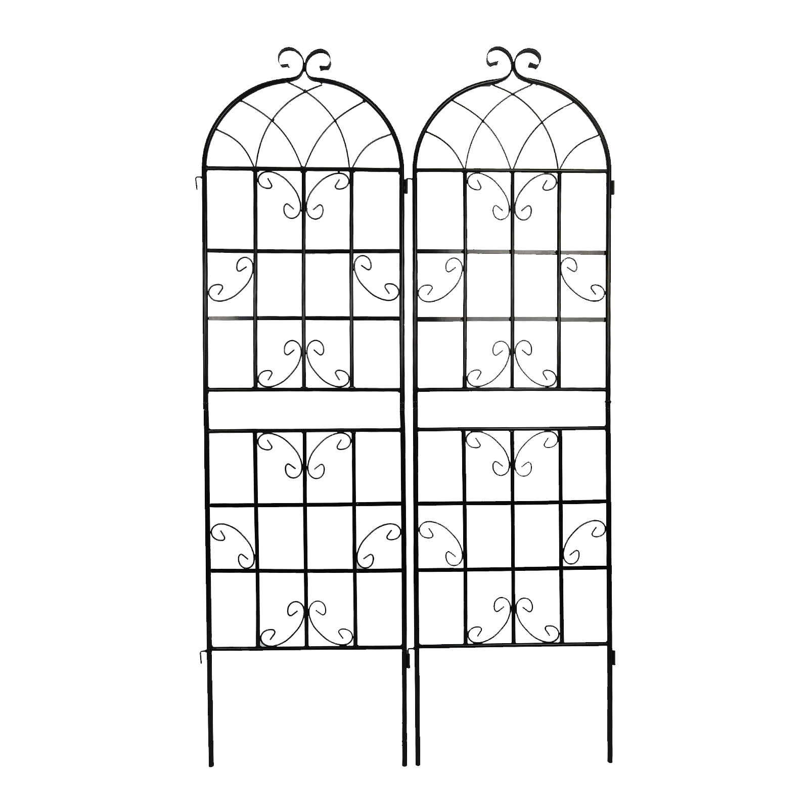 Black metal garden trellis with arched tops and scroll details for climbing plants