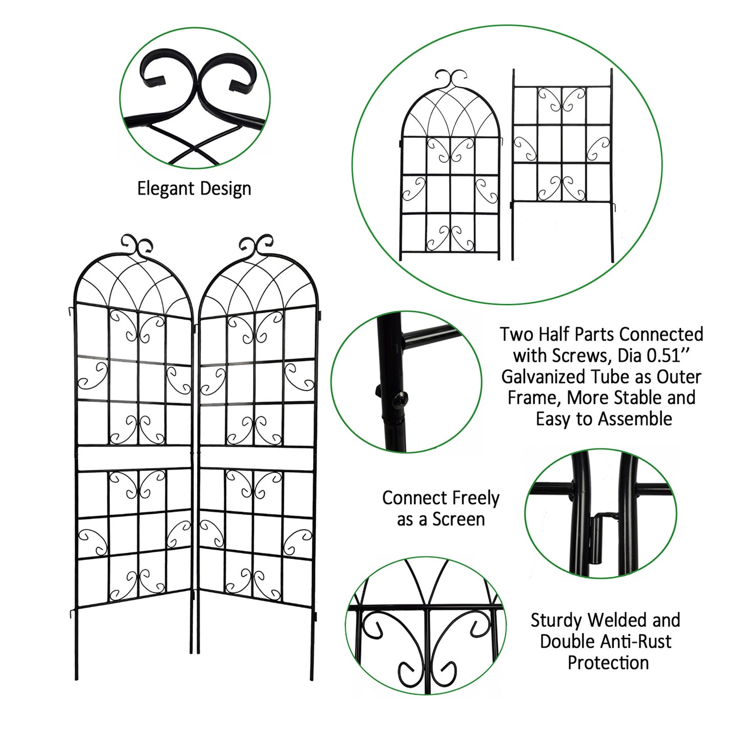 Black metal garden trellis with elegant scrollwork design  inches tall