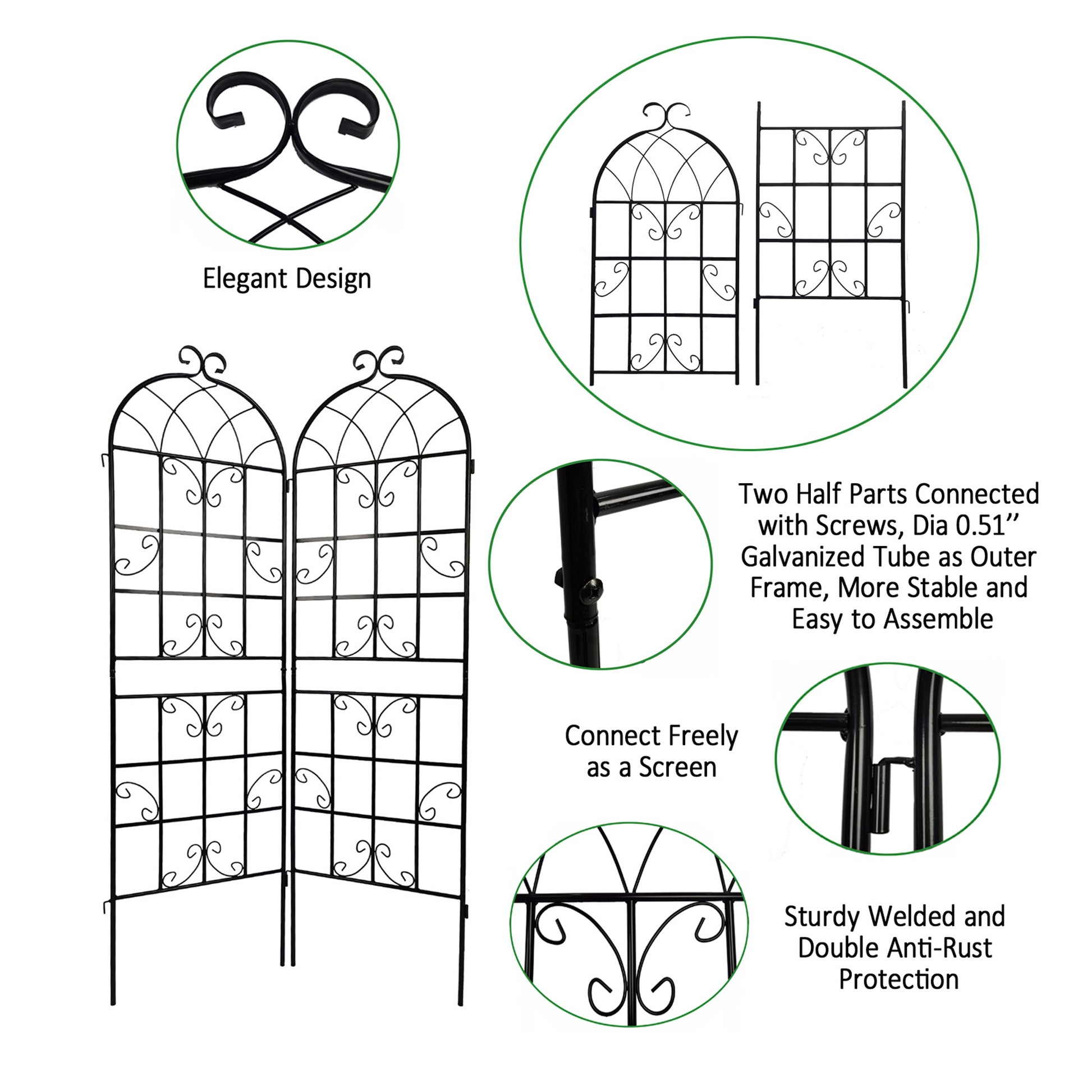 Black metal garden trellis with elegant scrollwork design  inches tall