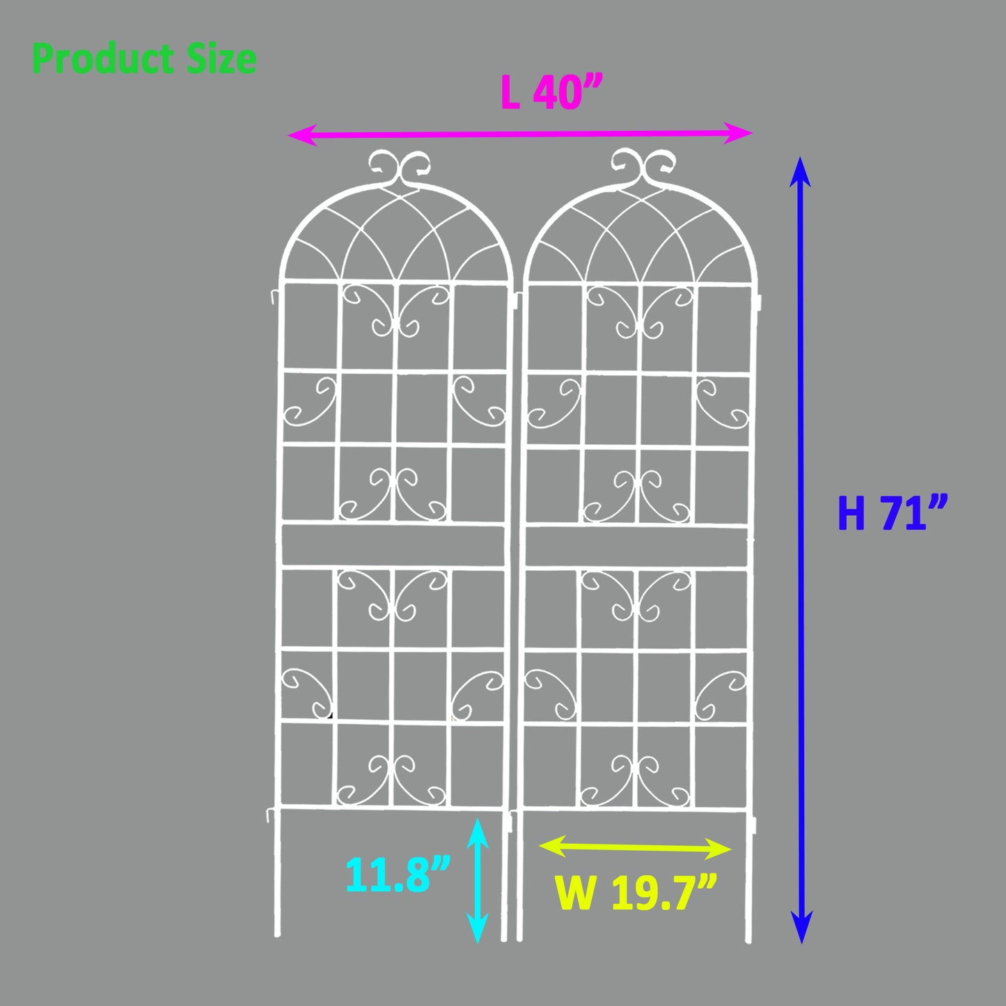 White wrought iron garden trellis with arched top  H x  L x  W