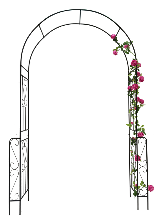 Black metal garden arch with decorative scrollwork and pink roses perfect for wedding ceremonies