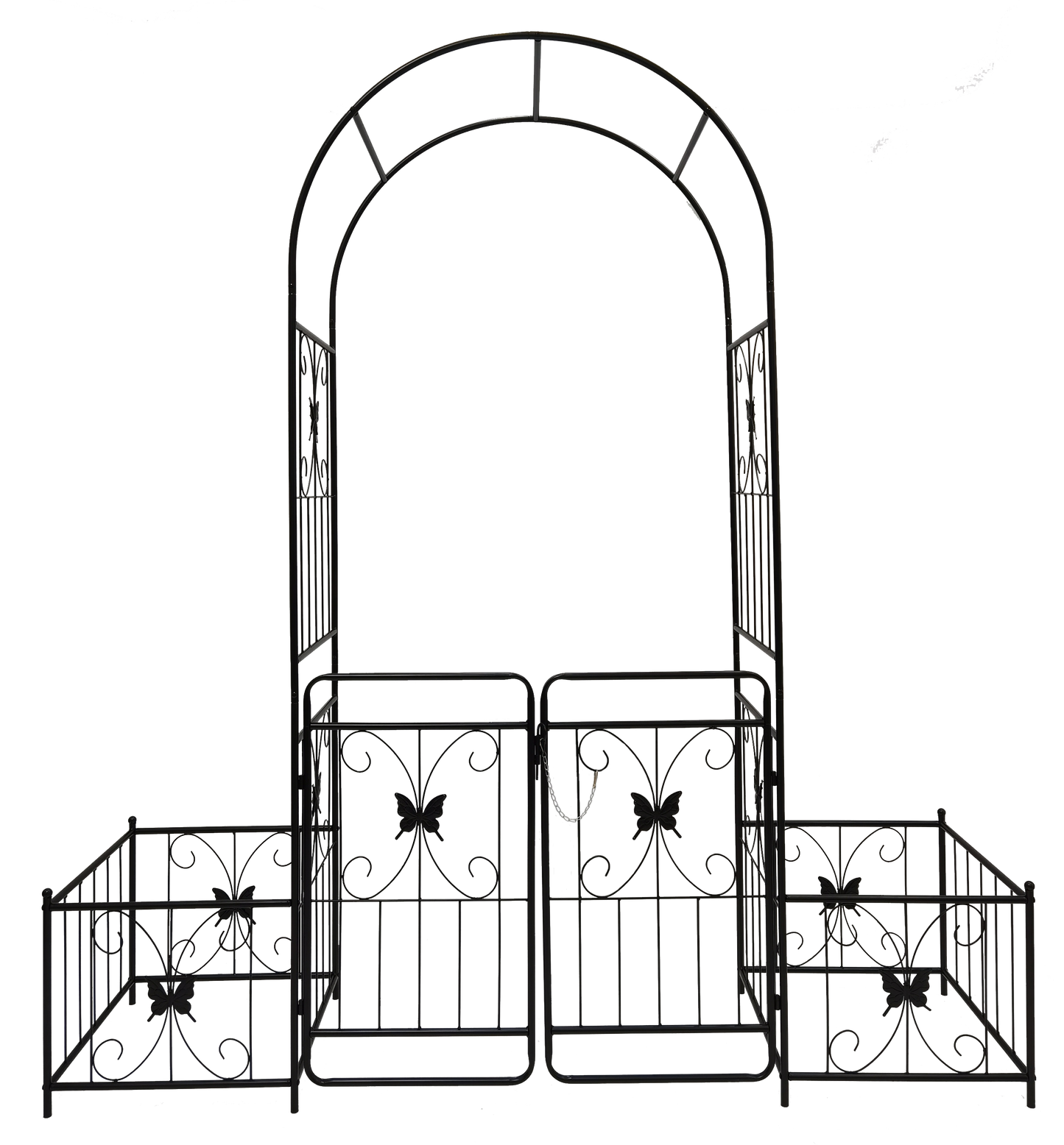 Black wrought iron garden archway with double gates and butterfly accents for a charming entryway