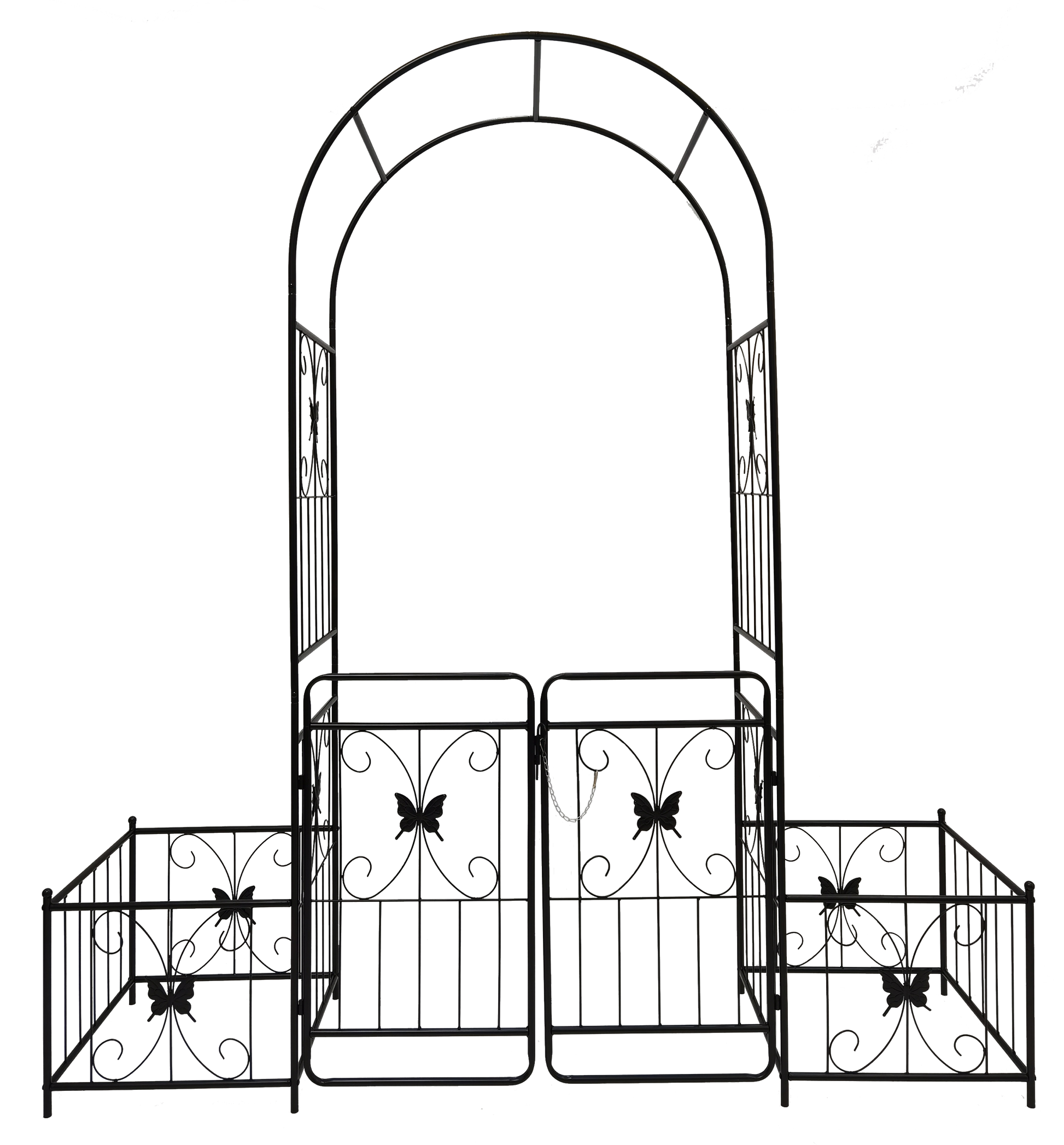 Black wrought iron garden archway with double gates and butterfly accents for a charming entryway