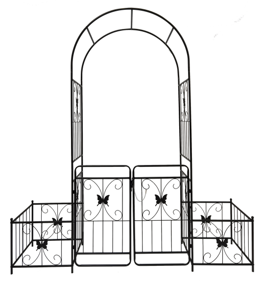 Black wrought iron garden archway with double gates and butterfly accents for a charming entryway
