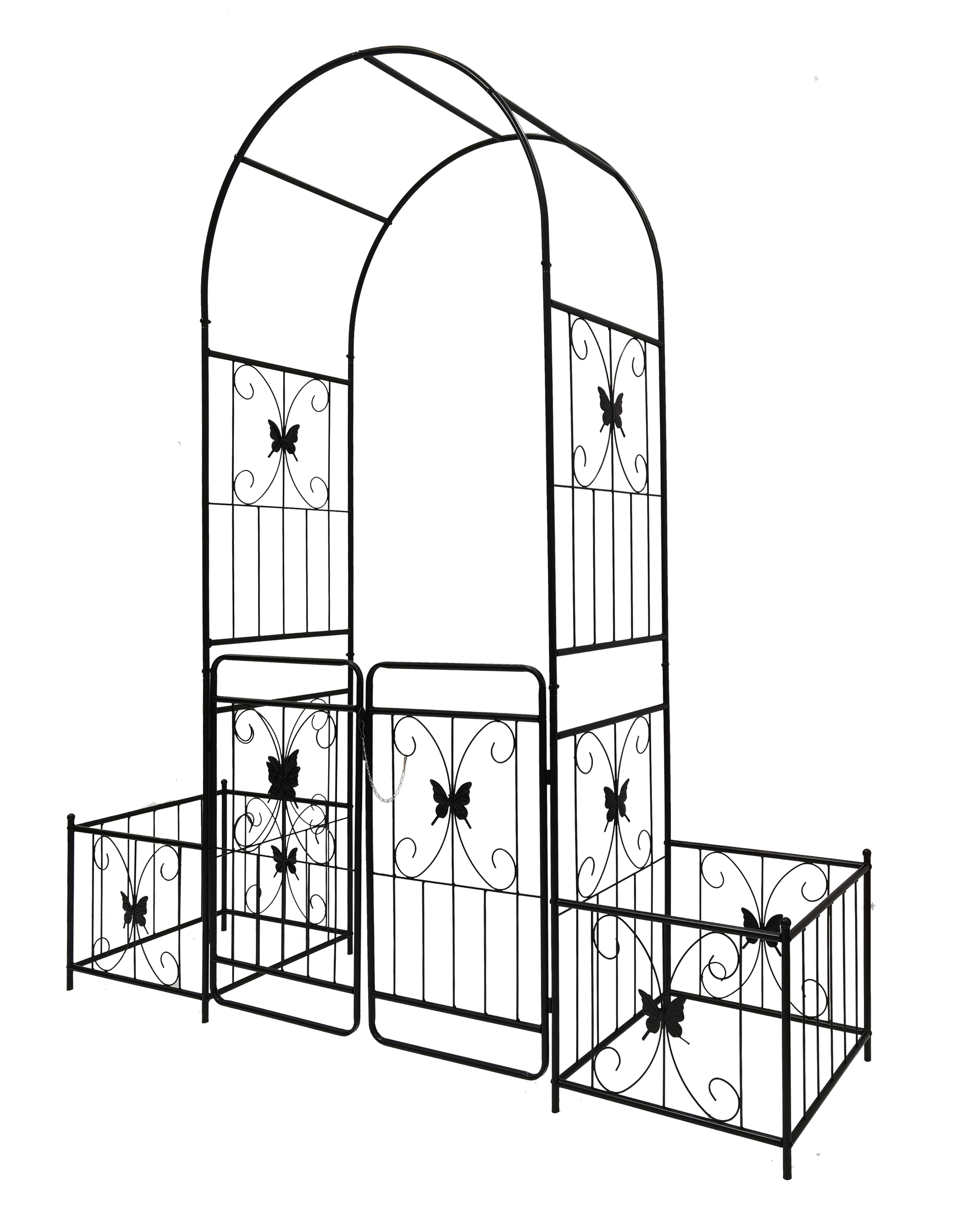 Black metal garden archway with intricate butterfly scrollwork perfect for pathways