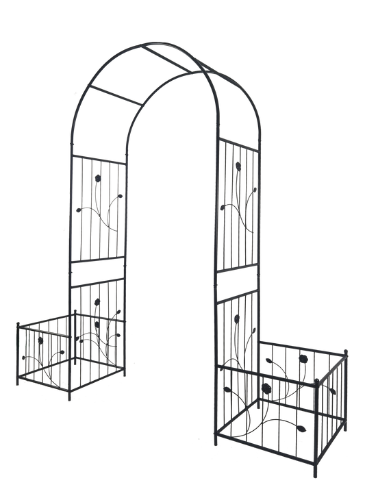 Black metal garden arch with ornate floral scrollwork and integrated planter boxes