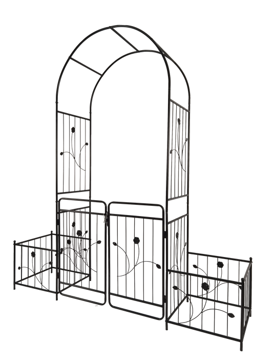 Black wrought iron garden arch with decorative floral scrolls and matching side panels