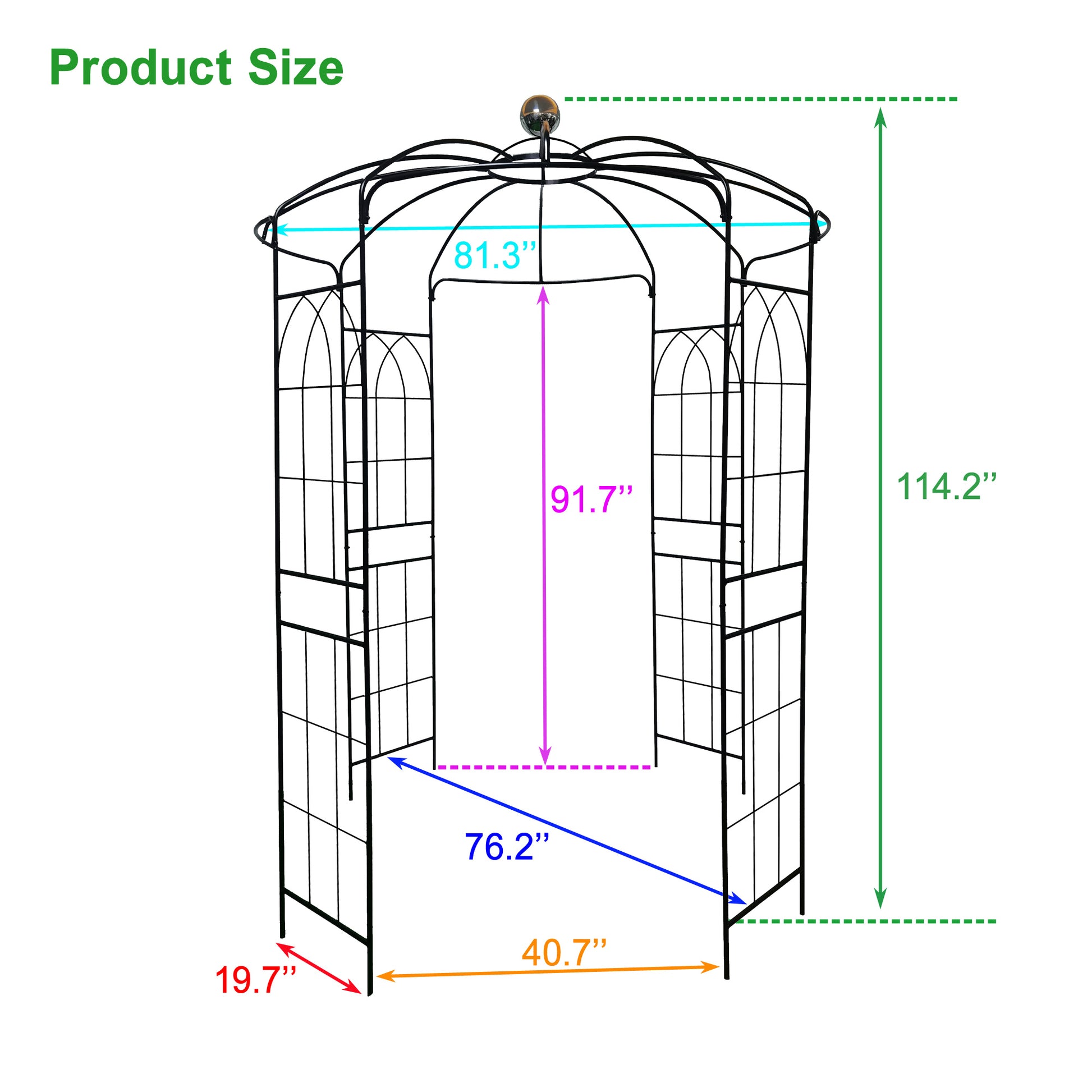 Black metal garden arch with gothicstyle detailing  inches tall